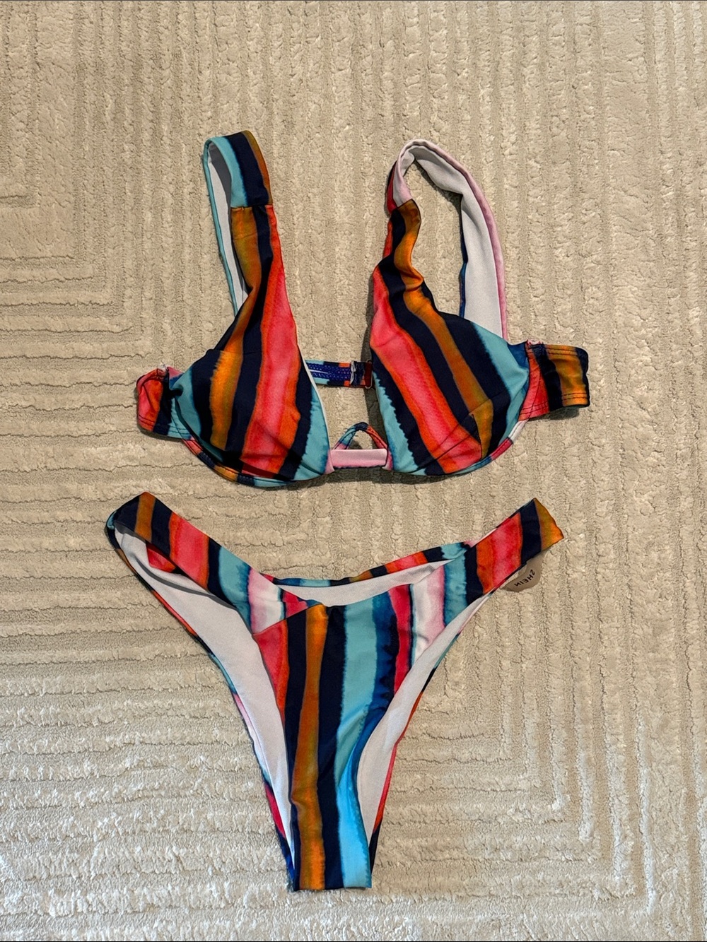 SHEIN Girls Multicolor Striped Bikini in Blue Pink Orange